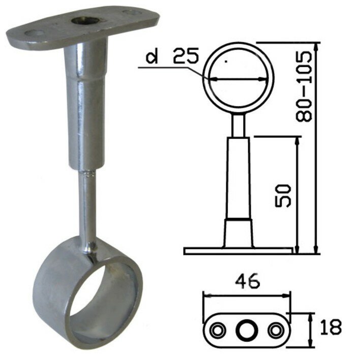 Штангодержатель для трубы, тип 2, на ножке, d=25 мм, регулируемый, сквозной, цвет хром - фотография № 2