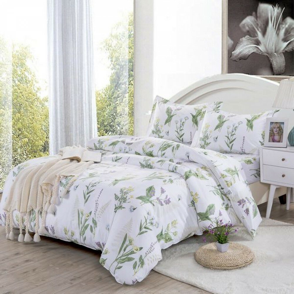 1.5 спальное постельное белье поплин белое с полевыми цветами