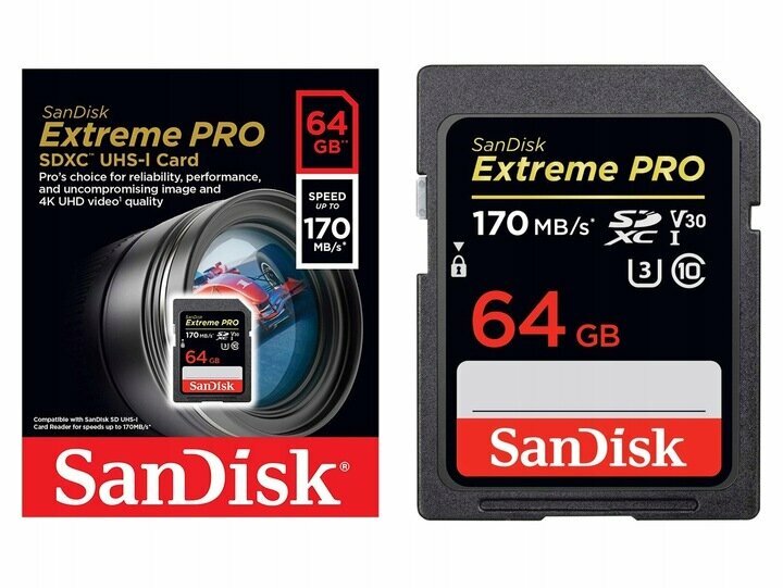 Карта памяти SanDisk Extreme Pro SDXC UHS Class 3 V30 170MB/s 64 GB, чтение: 170 MB/s, запись: 90 MB/s