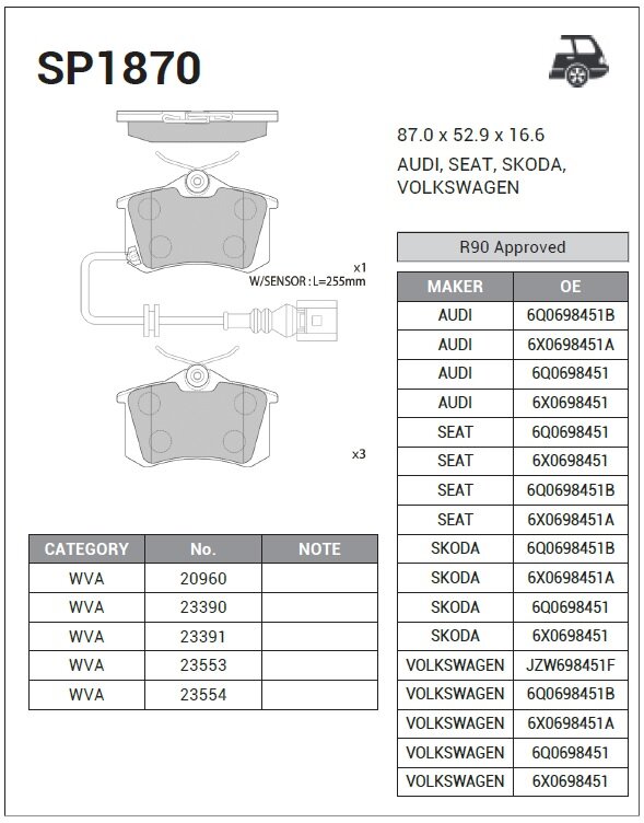 Колодки тормозные дисковые задние для Пежо Партнер 2 2008-2012 год выпуска (Peugeot Partner 2) HI-Q SP1870