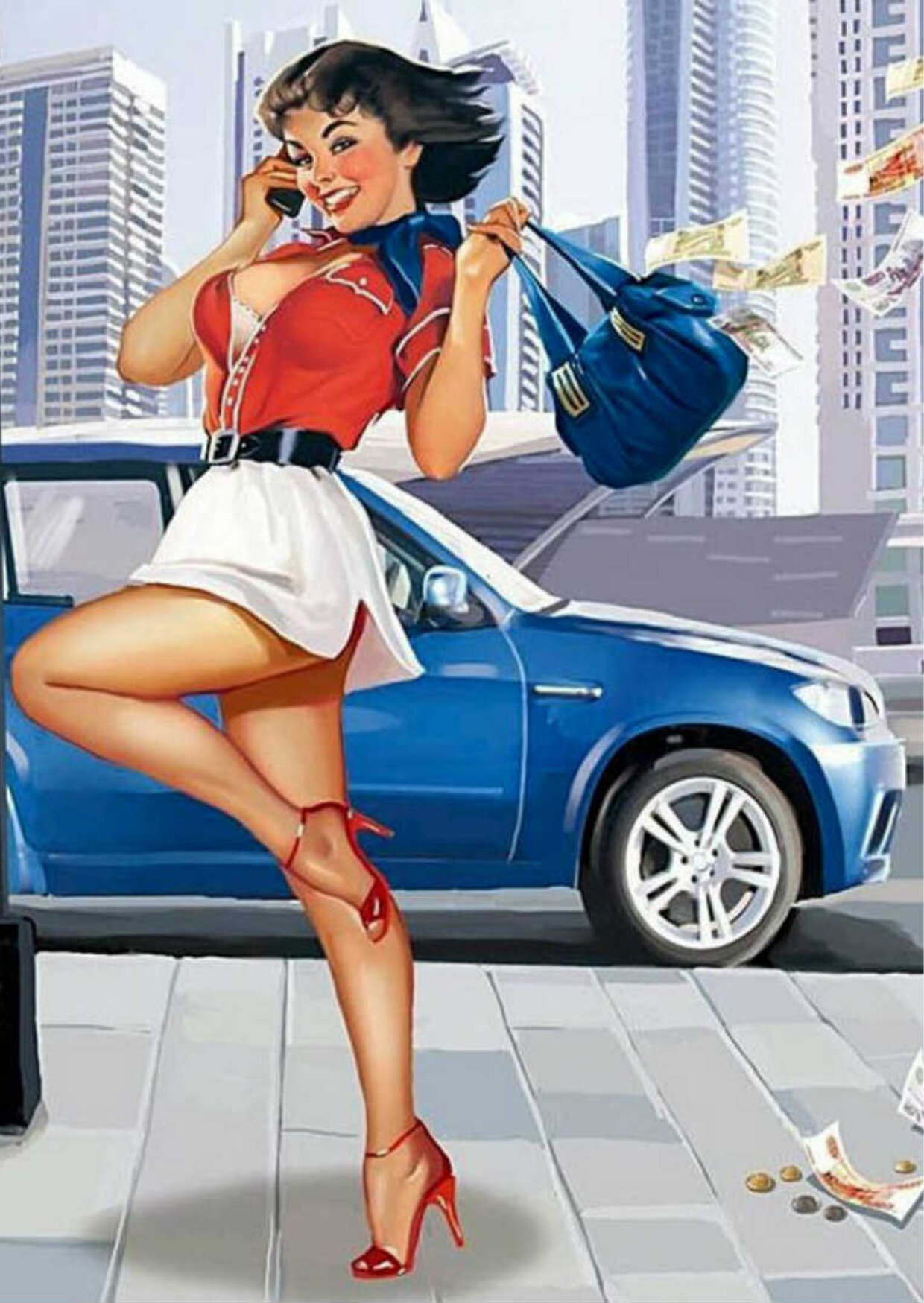 Интерьерный винтажный постер (плакат) на банере Девушка у небоскребов в стиле пинап. Американская графика середины XX века, 8459cм. А1