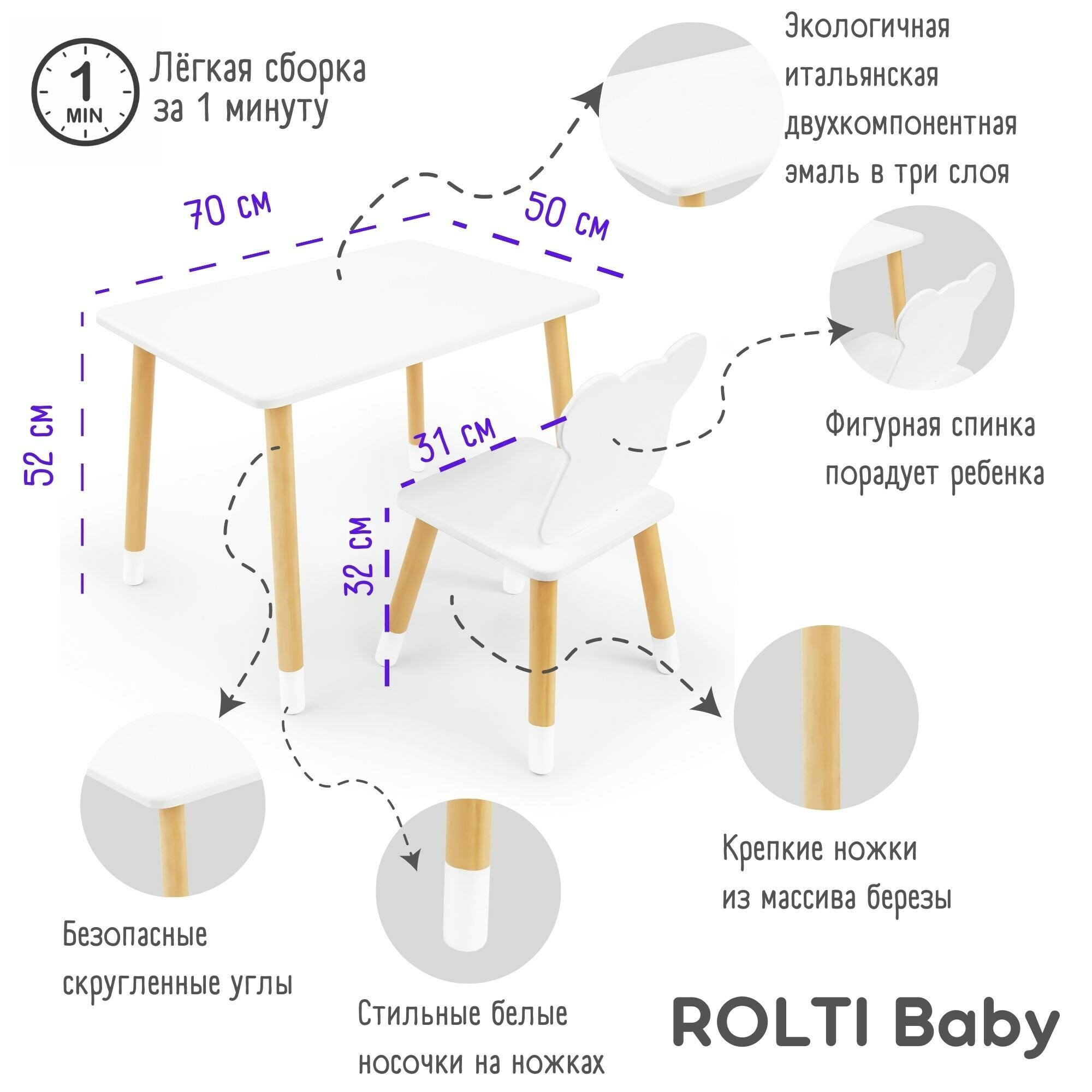 Детская мебель стол и стул "Мишка" ROLTI Baby (белый/береза, массив березы/мдф) - фотография № 2