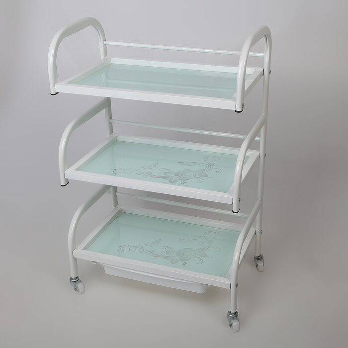 фото Столик косметолога 52×32×80, на колеса×, 3 полки, цвет белый (рисунок на стекле микс)
