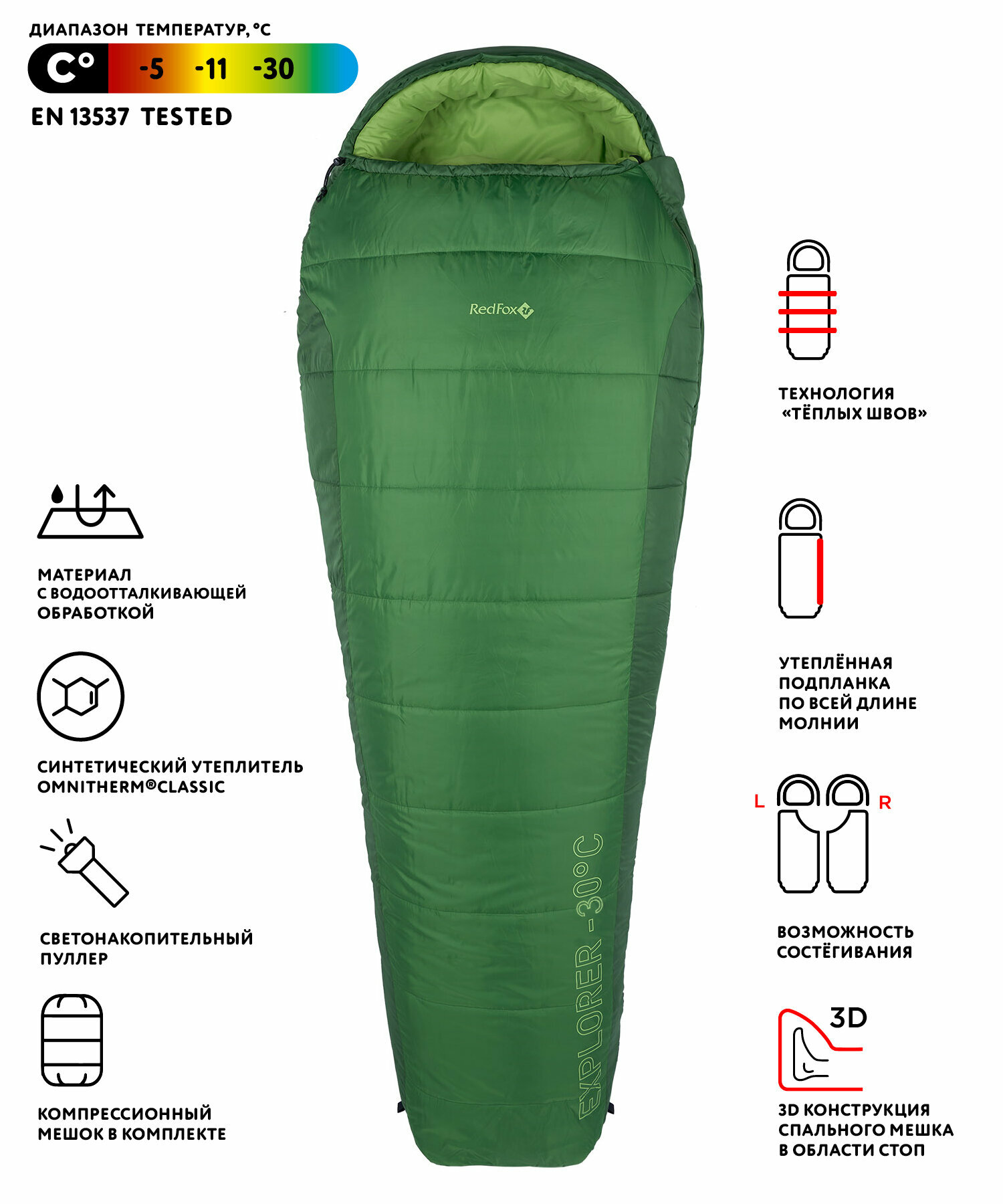 Спальный мешок Redfox Explorer -30C Long, 6261/ярко-зеленый/зеленый