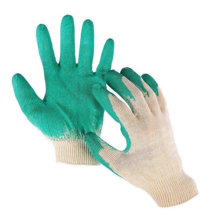 Перчатки, х/б, вязка 13 класс, размер 9, с латексным обливом, зелёные - фотография № 1
