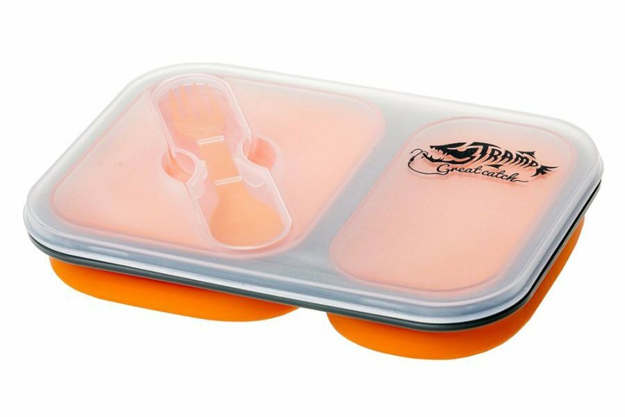 Контейнер для еды Tramp 900мл силикон, 2 отсека, с ловилкой оранжевый TRC-090 - фотография № 2