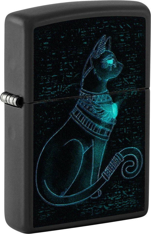 Зажигалка ZIPPO Spiritual Cat с покрытием Black Light, латунь/сталь, черная, матовая 38x13x57 мм - фотография № 1