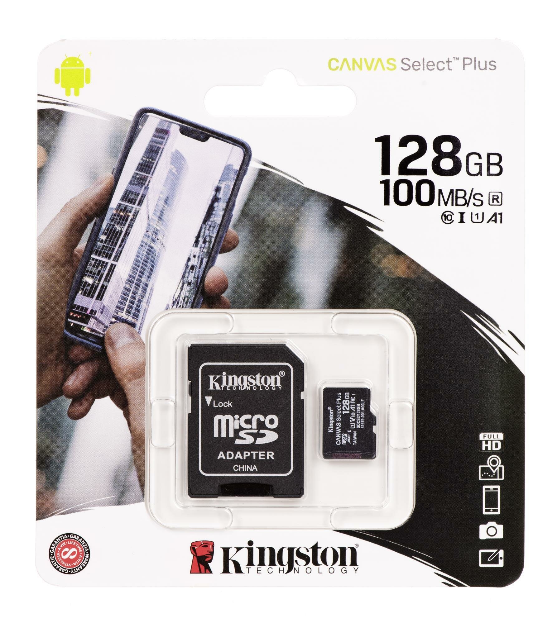 Карта памяти microSDXC Kingston 128Gb Canvas Select Plus 100MB/s SDCS2/128GB, 1шт.