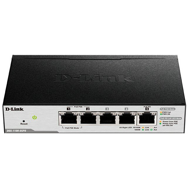 D-Link DGS-1100-05PDV2 A1A Настраиваемый L2 коммутатор с 5 портами 10 100 1000Base-T 2 порта PoE, 1 порт для питания коммутатора по PoE . Питание осуществляется по PoE.