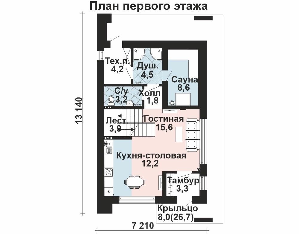 (128м2, 13х8м) Готовый проект двухэтажного дома из газобетона с чердаком и баней - AS-2524 - фотография № 3