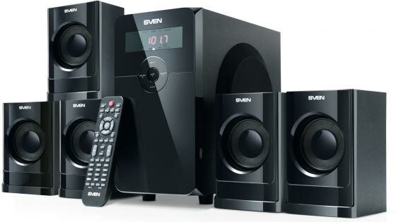 Колонки Sven HT-200 5x12 + 20 Вт черный ПДУ FM часы