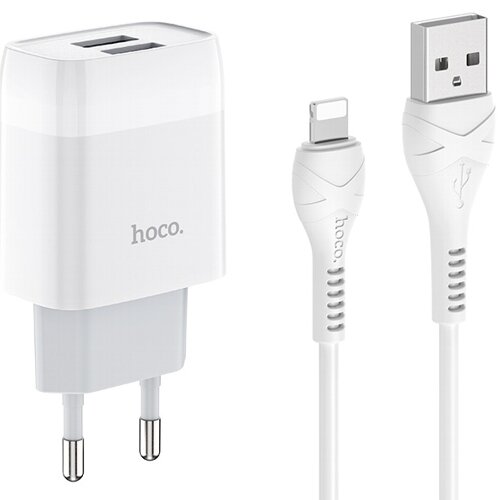 Сетевой адаптер питания Hoco C73A White зарядка 2.4А 2 USB-порта + кабель Lightning, белый