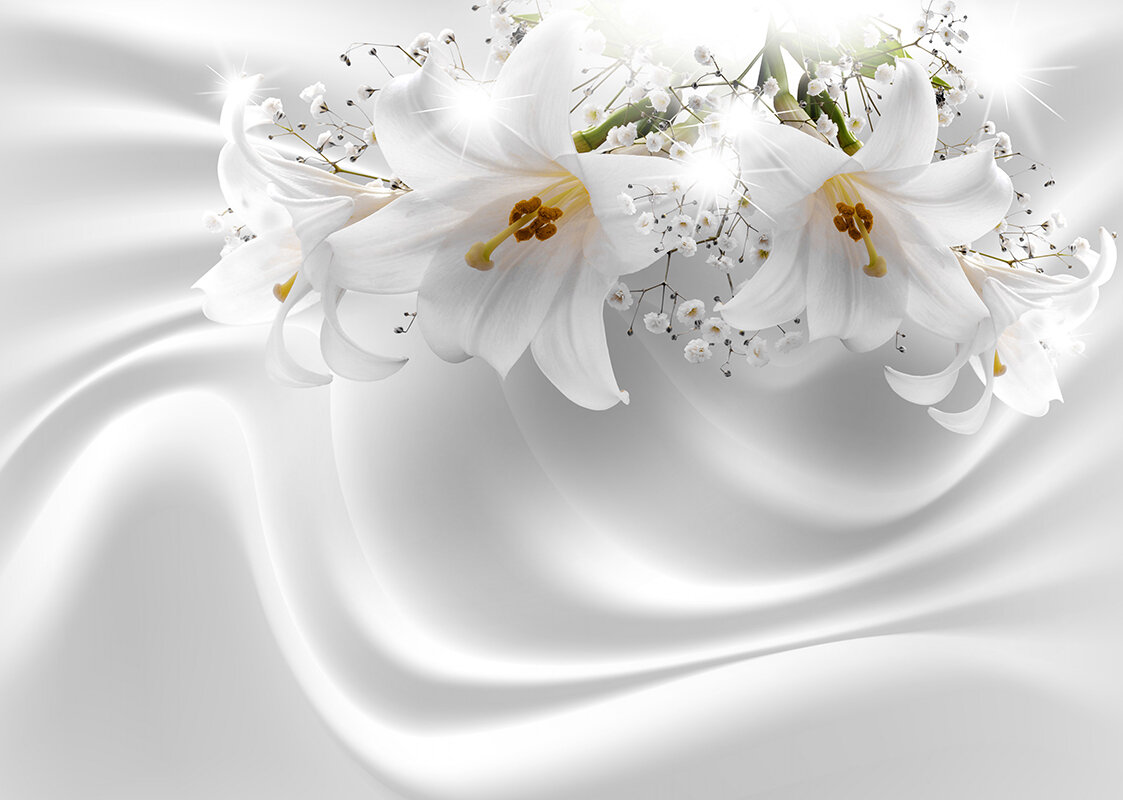 Моющиеся виниловые фотообои Белые лилии на шелке, 211х150 см