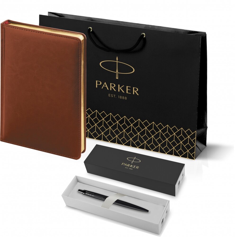 Подарочный набор: Шариковая ручка Parker Jotter XL SE20 Monochrome в подарочной упаковке, цвет: Black, стержень: Mblue и Ежедневник коричневый недати
