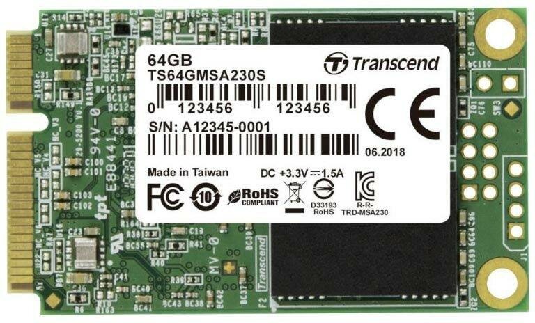 Твердотельный накопитель SSD mSATA 64 Gb Transcend MSA230S Read 390Mb/s Write 200Mb/s 3D NAND TLC TS64GMSA230S