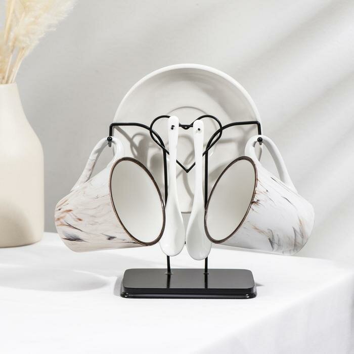 фото Набор чайный керамический на металлической подставке «Мрамор», 6 предметов: 2 чашки 200 мл, 2 блюдца d=14 см, 2 ложки