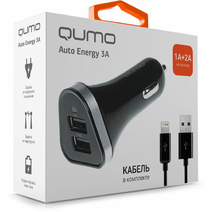 Зарядное устройство автомобильное Qumo 3.0A 2USB(1A+2A), Apple Lightning черный (20737)