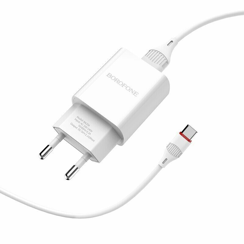 Зарядное устройство BOROFONE BA20A Sharp USB + Кабель USB-Type-C, 2.1A, белый