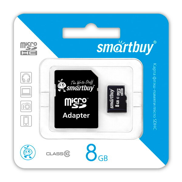 Smartbuy MicroSDHC 8Gb Class 10 + адаптер (черный)