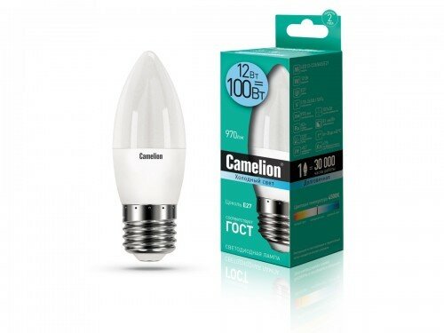 Светодиодная лампа Camelion Свеча E27 12W (970lm 220°) 4500K 4K матов. 107x38 пластик LED12-C35/845/E27 13690