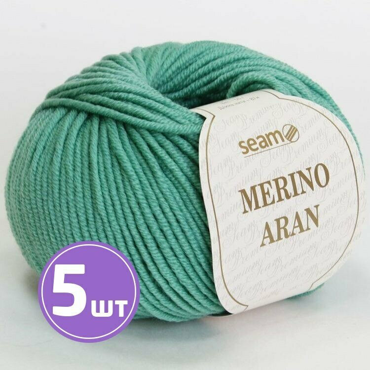 Пряжа для вязания крючком спицами SEAM Сим Сеам Merino Aran средняя, шерсть мериносовая 100%, цвет 06 мята 5 шт. по 50 г, 87 м