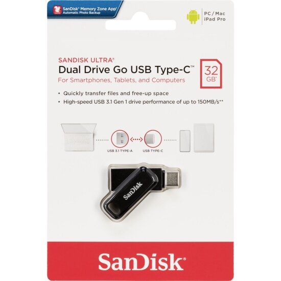 USB флешка SANDISK 32Gb Ultra Dual Drive Go USB 3.1 gen 1/ USB Type-C 150 Mb/s