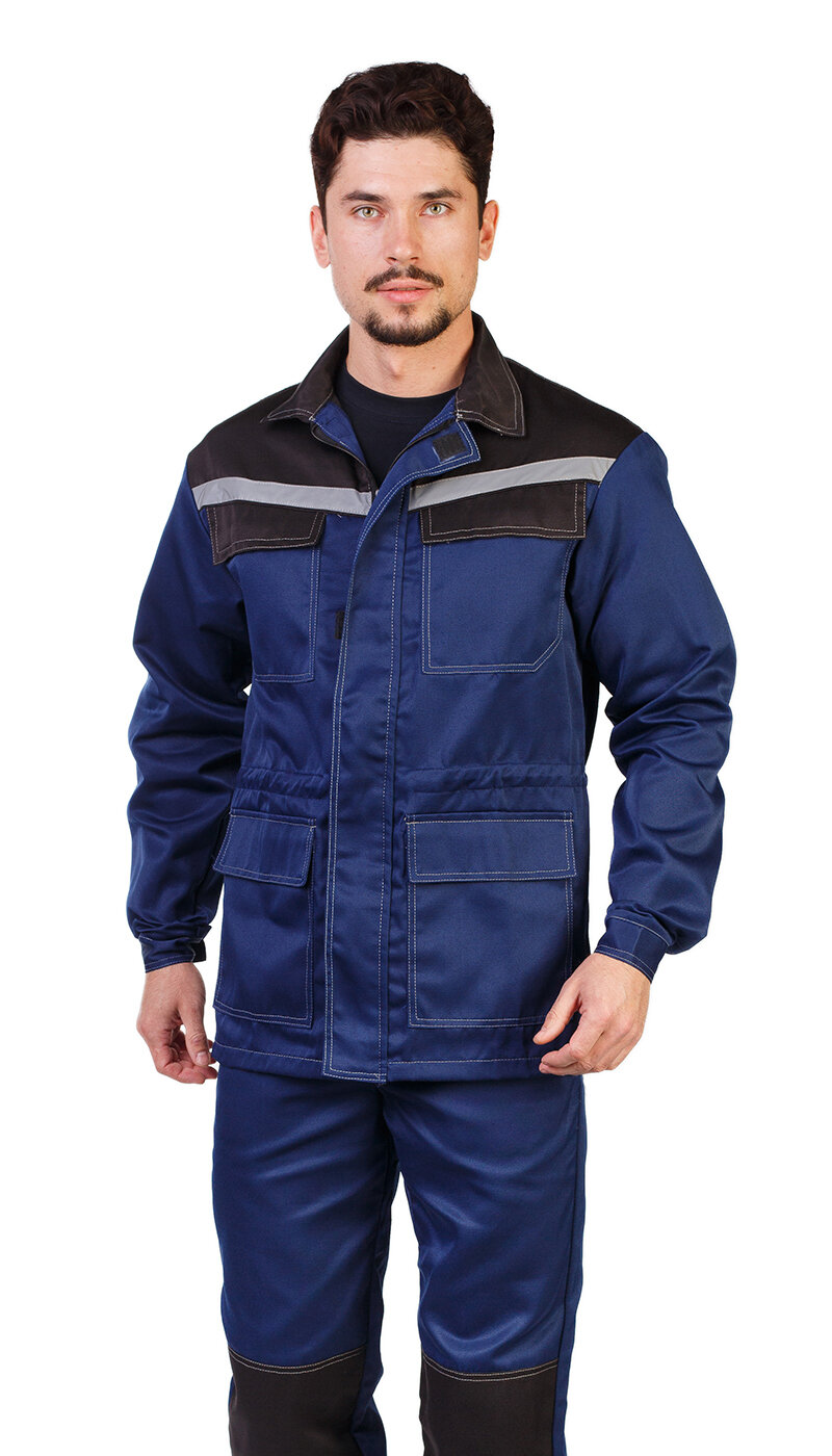Костюм мужской рабочий "Ударник" летний куртка брюки т-синий с черным и СОП (44-46 170-176)