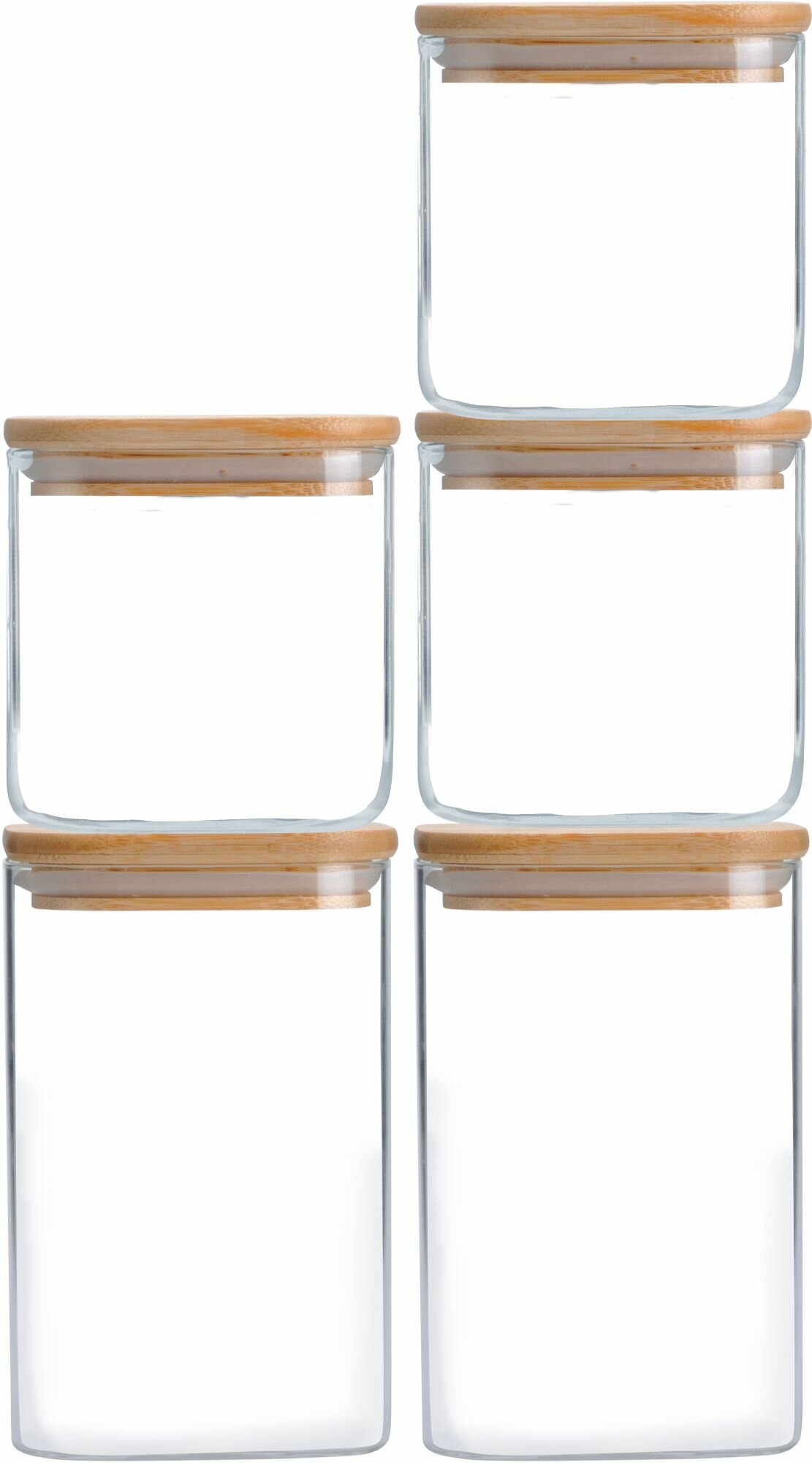 Набор стеклянных емкостей для хранения сыпучих продуктов Olivetti с герметичными бамбуковыми крышками,5 банок 750 мл*3, 1100 мл*2, подарочная упаковка - фотография № 1