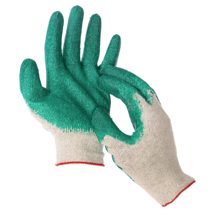 Перчатки, х/б, вязка 13 класс, размер 9, с латексным обливом, зелёные - фотография № 3