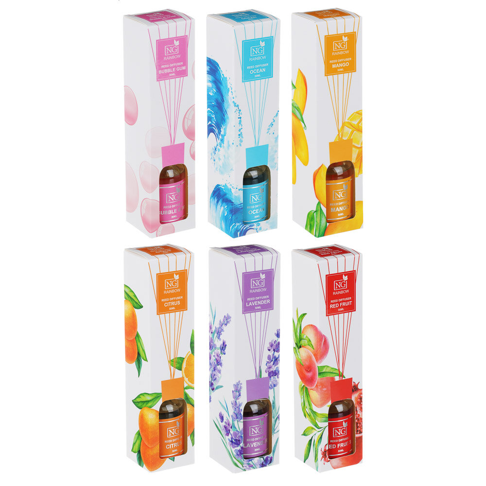 фото NEW GALAXY Диффузор Rainbow, 50 мл, (бабл гам, лаванда, океан, манго, цитрус, красные фрукты), 6 штук