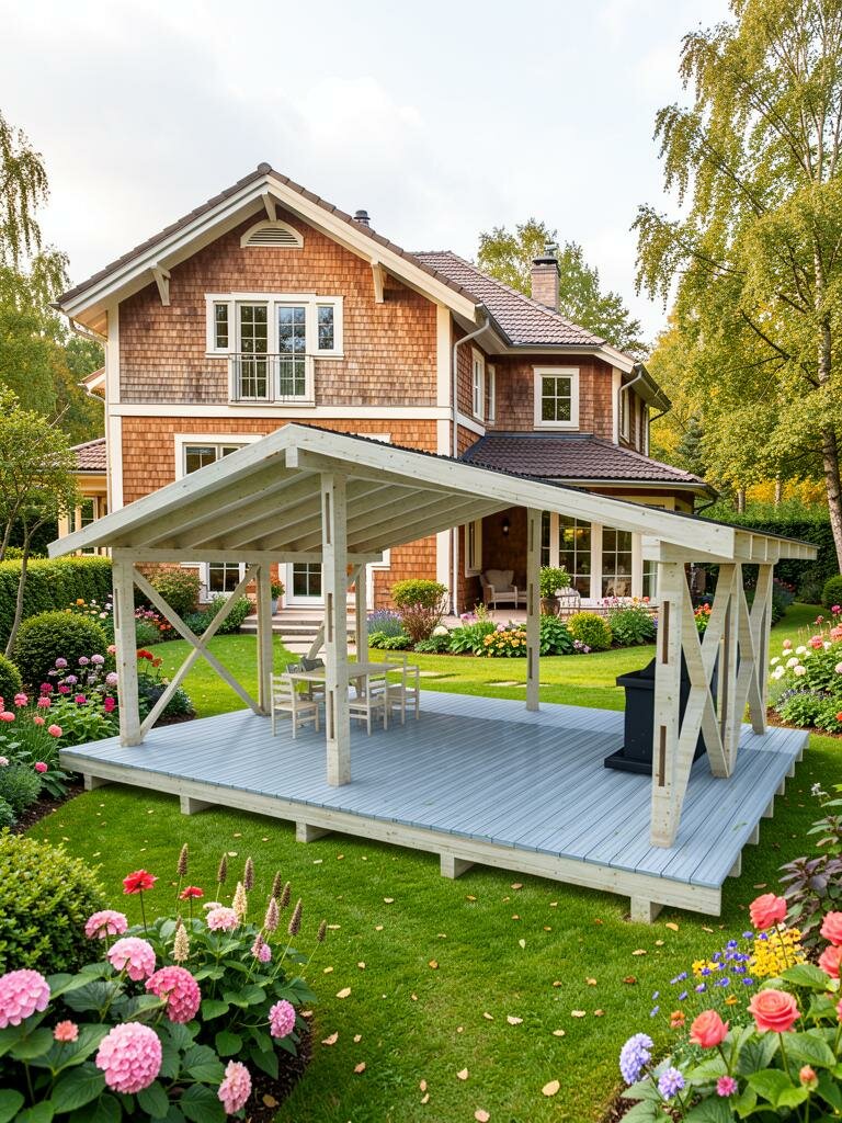 Проект каркасной беседки 6,0х8,0 м открытого типа с мангальной зоной