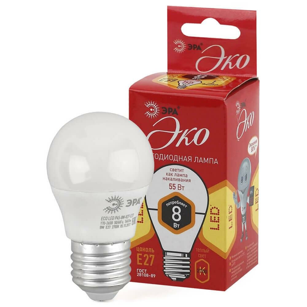 ЭРА Лампа светодиодная ЭРА E27 8W 2700K матовая ECO LED P45-8W-827-E27 Б0030024 - фотография № 3