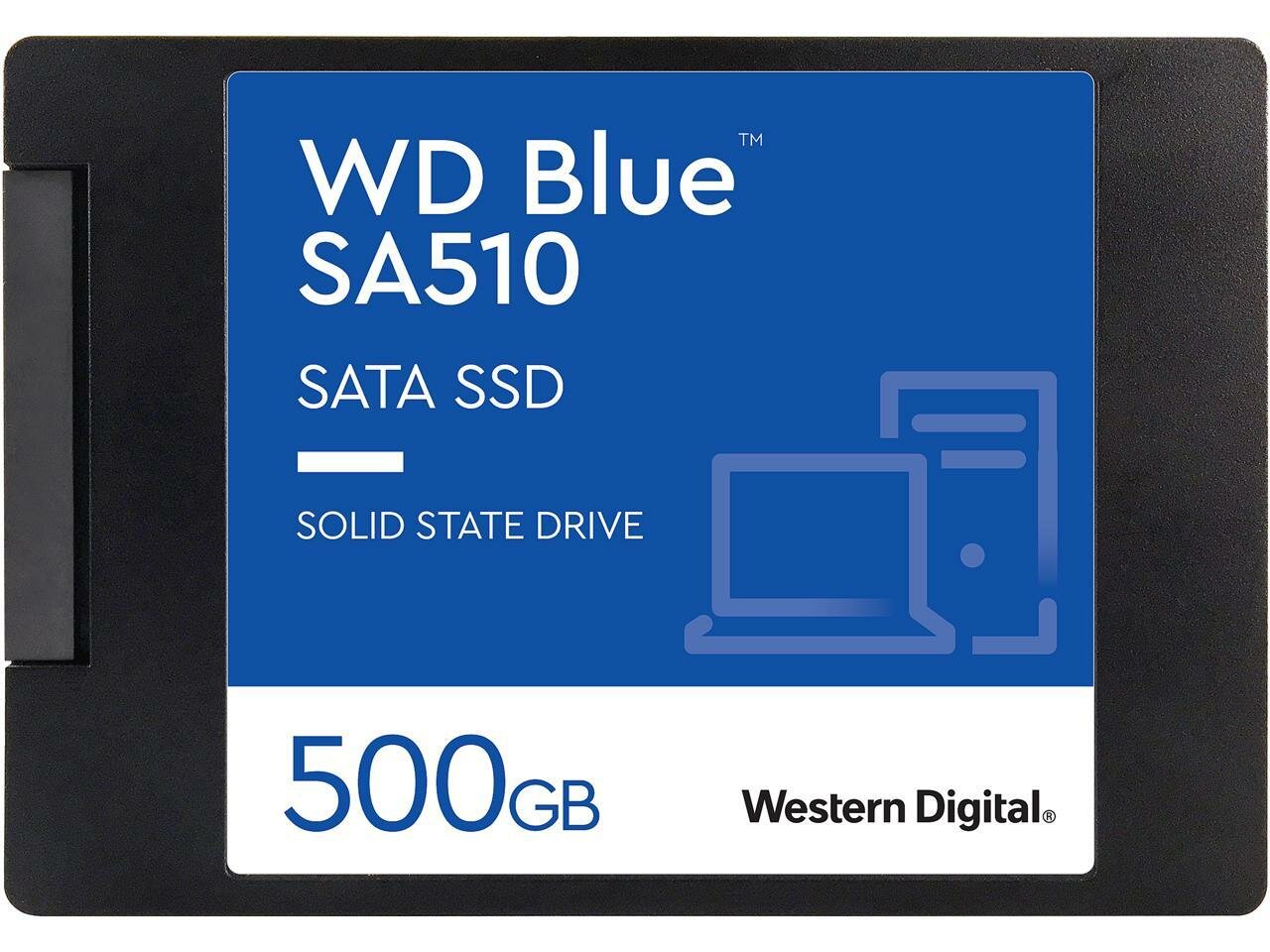 Твердотельный накопитель WD SSD Blue, 500GB, 2.5" 7mm, SATA3, 3D TLC, R/W 560/510MB/s, IOPs 90 000/82 000, TBW 200, DWPD 0.2 12 мес. (WDS500G3B0A)