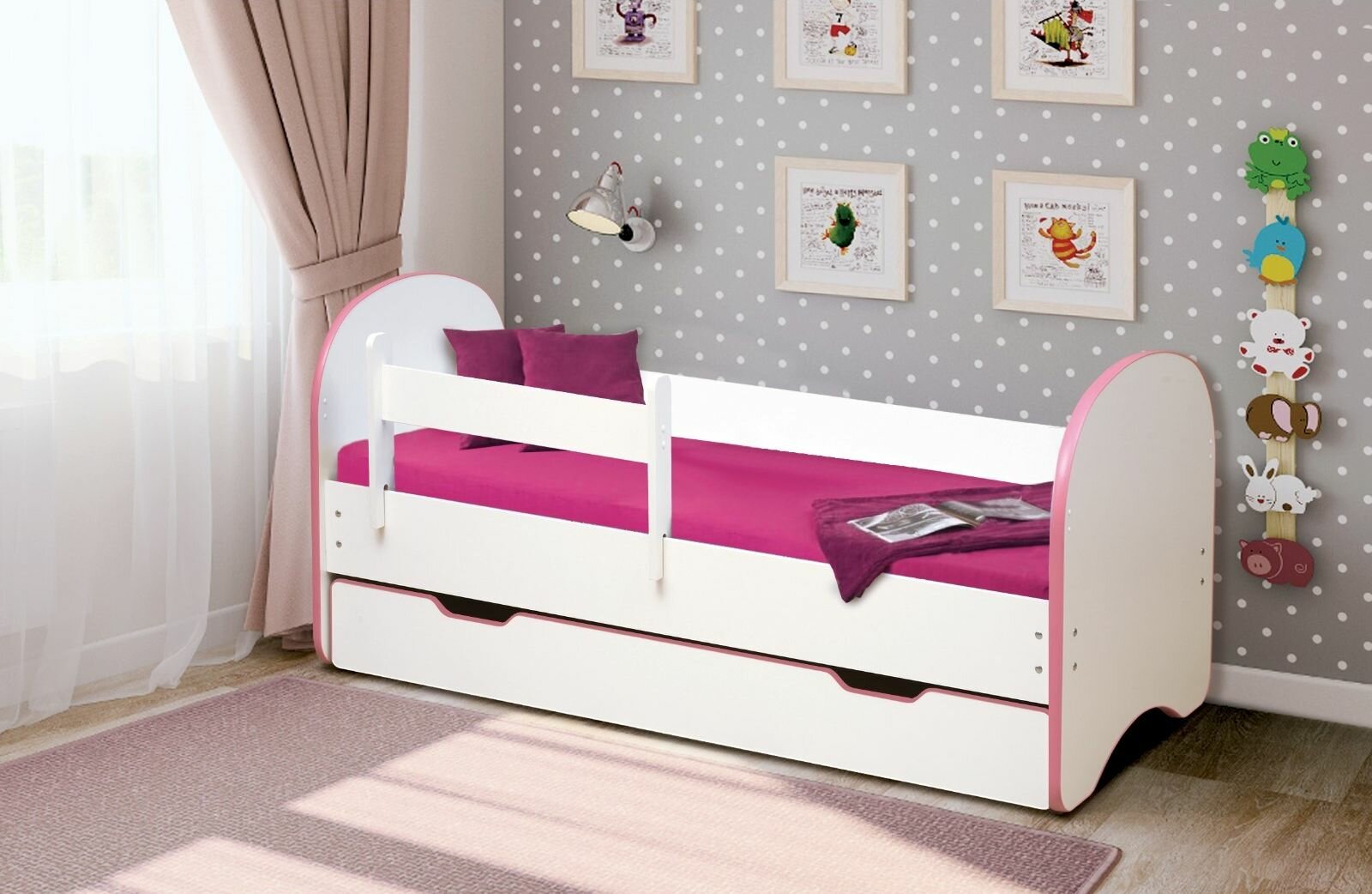 Детская кровать Радуга 140 белая/кант розовый С ящиком
