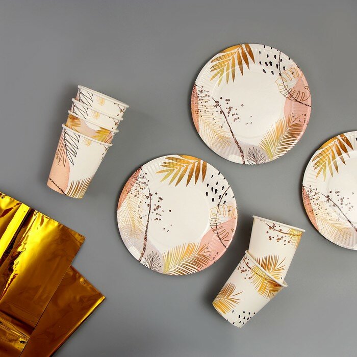 Набор бумажной посуды «Золотой узор! Природа»: 6 тарелок, 6 стаканов, скатерть - фотография № 1