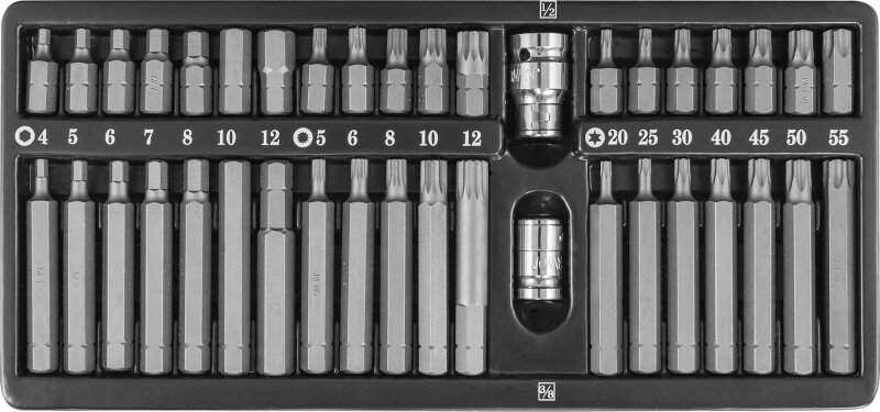 Набор вставок-бит 10 мм H4-12 мм, Т20-Т55, M5-M12 (30 и 75 мм.), 3/8"DR и 1/2"DR, 40 предметов Jonnesway S29H4140S