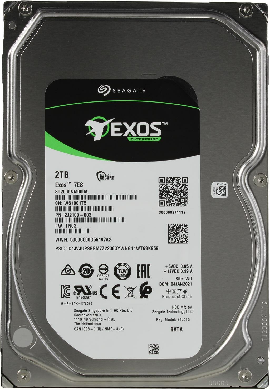Жёсткий диск 2Tb SATA-III Seagate Exos 7E10 (ST2000NM000B) 2000 Гб, HDD, SATA-III, форм фактор 3.5", 7200 об/мин, 256 Мб