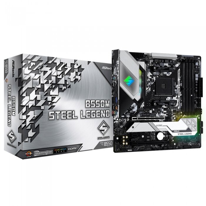 B550M STEEL LEGEND, Socket AM4, AMD B550, 4xDDR4-3200, HDMI+DP, 2xPCI-Ex16, 1xPCI-Ex1, 6xSATA3(RAID 0/1/10), 2xM.2, 8 Ch Audio,