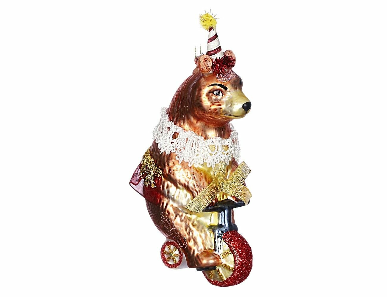 Edelman Стеклянная елочная игрушка Мишка Гораций на велосипеде - Цирк Шапито 15 см подвеска 1078553