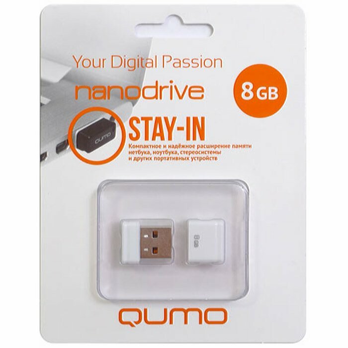 Флешка Qumo Nano 8 Гб usb 2.0 Flash Drive - белая