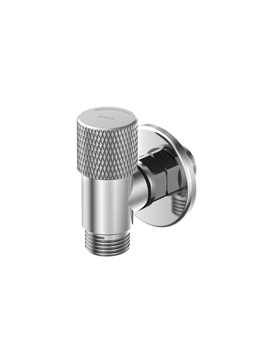 Фото товара на маркетплейсе yandex Кран угловой с отражателем, вынос 2 см,  1/2; 1/2, кран-букса, латунь, хром, IDDIS, 910B1A6C2SBZ