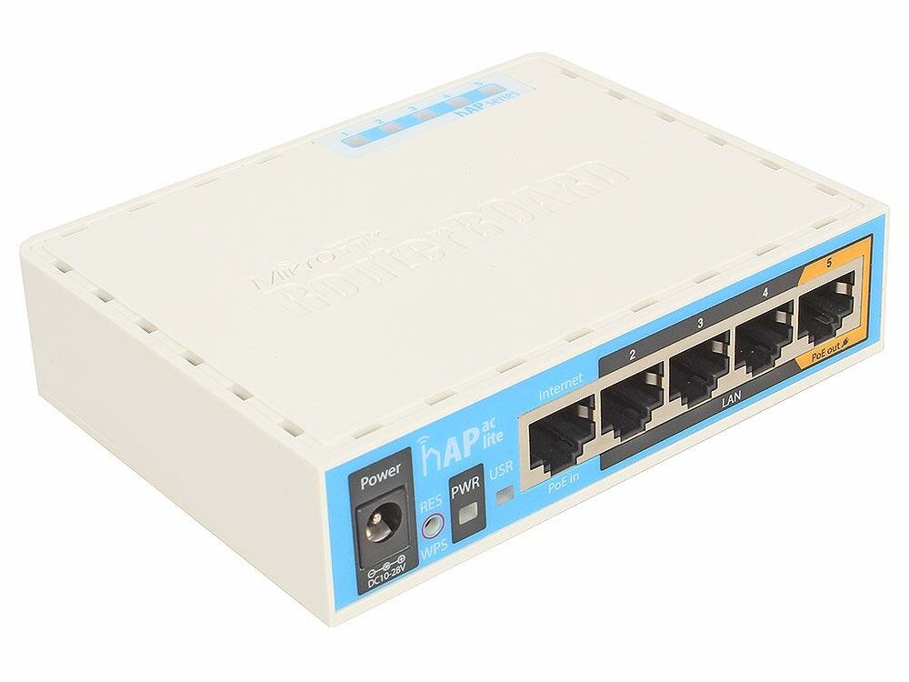 Маршрутизатор MikroTik RB952Ui-5ac2nD hAP ac lite with 650MHz CPU, 64MB RAM, 5xLAN, built-in 2.4Ghz 802.11b/g/n two chain wireless with integrated an