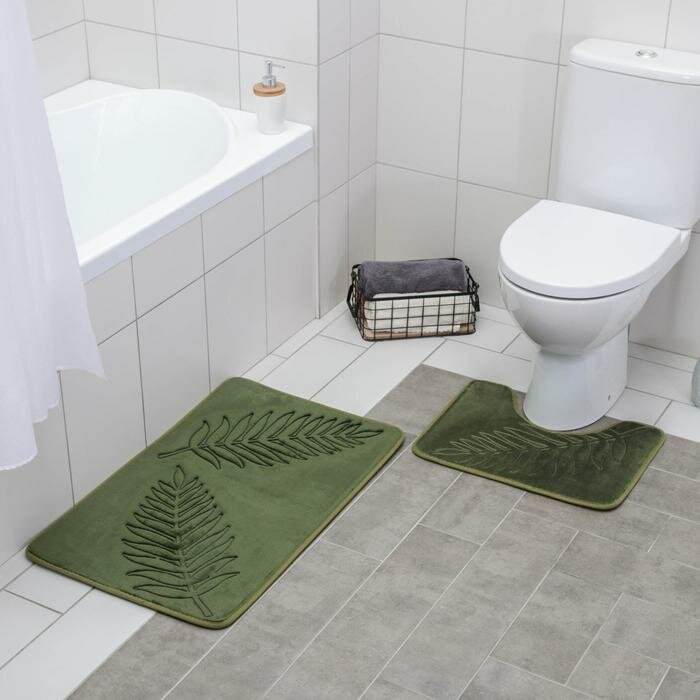 Доляна Набор ковриков для ванной и туалета Доляна «Тропики», 2 шт: 40×50, 50×80 см, цвет хаки - фотография № 5