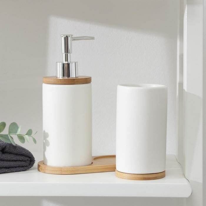Набор аксессуаров для ванной комнаты «Натура», 2 предмета (дозатор 400 мл, стакан, на подставке), цвет белый - фотография № 2