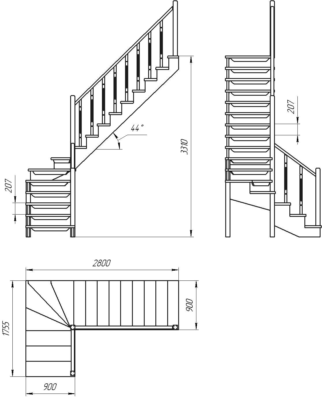 Деревянная межэтажная лестница ЛЕС-09 3310 проем 2800-900, Сосна - фотография № 3