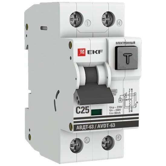 Дифференциальный автомат EKF 2п C 25А 30мА тип A 6кА АВДТ-63 2мод. электрон. PROxima DA63-25-30e
