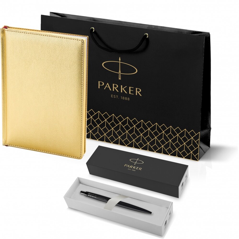 Подарочный набор: Шариковая ручка Parker Jotter XL SE20 Monochrome в подарочной упаковке, цвет: Black, стержень: Mblue и Ежедневник золотистый недати
