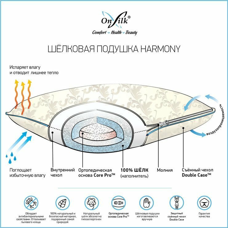Шелковая подушка "Harmony" S-поддержка низкая плюс/средней упругости 50х70 - фотография № 7