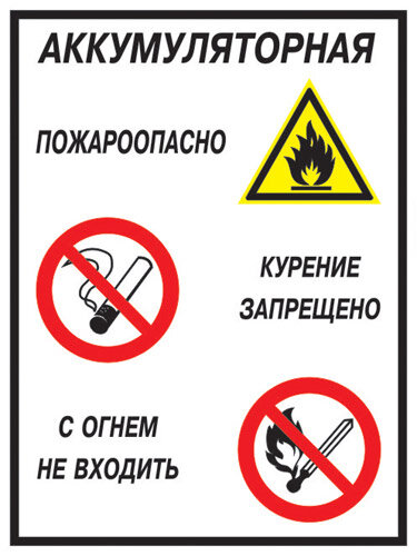 Аккумуляторная - пожароопасно. Курение запрещено с огнем не входить. 200х300 мм