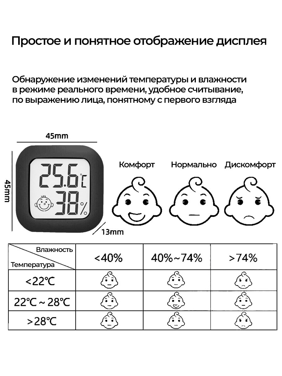 Термометр комнатный электронный URM, гигрометр, мини-метеостанция, 4.5x4.5 см, черный - фотография № 5